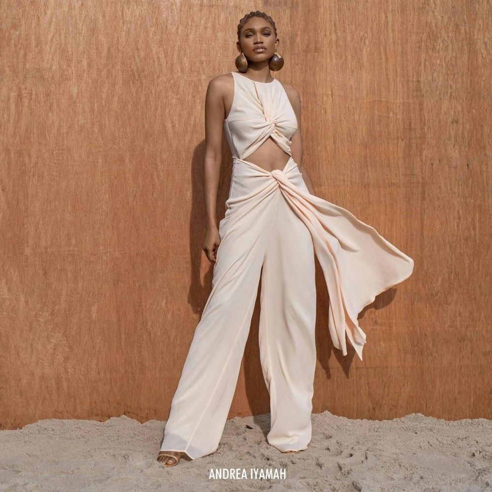 Andrea Iyamah Aminata Champagne Cutout Wide Leg Jumpsuit Wedding Guest Medium